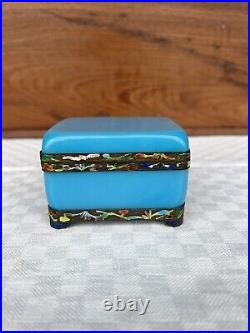 Antique Chinese Blue Opaline Peking Glass Enamel Silver Dresser Box