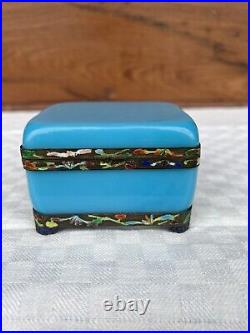 Antique Chinese Blue Opaline Peking Glass Enamel Silver Dresser Box