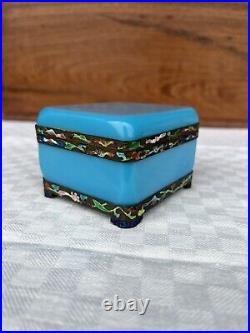 Antique Chinese Blue Opaline Peking Glass Enamel Silver Dresser Box