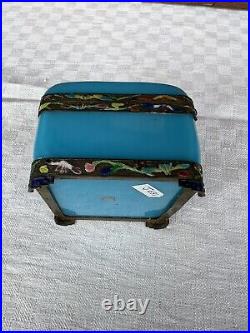 Antique Chinese Blue Opaline Peking Glass Enamel Silver Dresser Box