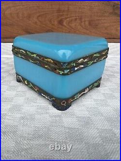 Antique Chinese Blue Opaline Peking Glass Enamel Silver Dresser Box