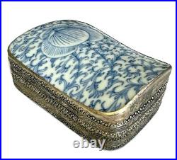 Antique Chinese Blue White Porcelain Stamped Silver Plated Copper Trinket Box