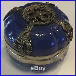 Antique Chinese Blue & White Pumpkin Box with Silver Dragon & Inside Pictographs