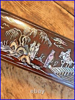 Antique Chinese Box Set Ebony Silver Metal Chopsticks Mother of Pearl Lacquered