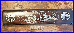 Antique Chinese Box Set Ebony Silver Metal Chopsticks Mother of Pearl Lacquered