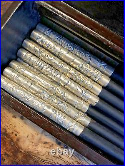 Antique Chinese Box Set Ebony Silver Metal Chopsticks Mother of Pearl Lacquered