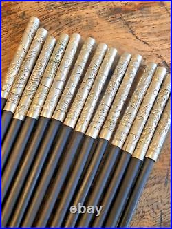 Antique Chinese Box Set Ebony Silver Metal Chopsticks Mother of Pearl Lacquered