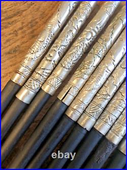 Antique Chinese Box Set Ebony Silver Metal Chopsticks Mother of Pearl Lacquered