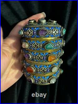 Antique Chinese Box Silver Enamel Jade, Amethysts & Other Genuine stones 1930th