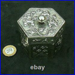 Antique Chinese C19th SOLID SILVER 6-sided Lidded Box KUCHEUNG Peony Bamboo