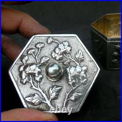 Antique Chinese C19th SOLID SILVER 6-sided Lidded Box KUCHEUNG Peony Bamboo