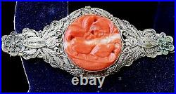 Antique Chinese Carved Coral Silver Brooch Quail 30s Republic Rondel W Box Pin