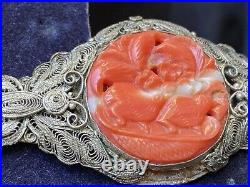 Antique Chinese Carved Coral Silver Brooch Quail 30s Republic Rondel W Box Pin