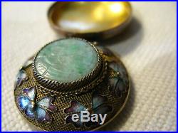 Antique Chinese Carved Jade Brid Gold Washed Sterling Silver Enamel Trinket Box