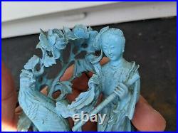 Antique Chinese Carved Turquoise Guanyin Figure & Hardwood Inlaid Silver Stand