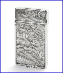 Antique Chinese Cast Silver Pictorial Card Case with Crane, River & Cartouche