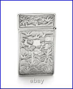 Antique Chinese Cast Silver Pictorial Card Case with Crane, River & Cartouche
