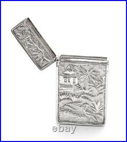 Antique Chinese Cast Silver Pictorial Card Case with Crane, River & Cartouche