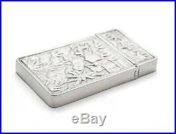 Antique Chinese Cast Silver Pictorial Card Case with Crane, River & Cartouche