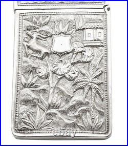 Antique Chinese Cast Silver Pictorial Card Case with Crane, River & Cartouche