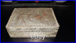 Antique Chinese Chisel Silver Cigarette Business Card Box Great Wall Art