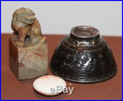 Antique Chinese Coconut calligraphy & Silver Cup, Soapstone Seal & Box QING RARE