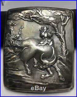 Antique Chinese Coin Silver Scenic Repousse Water Buffalo Cigarette Case Box
