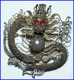 Antique Chinese DRAGON Silver Pin Asian legendary Ruby Eyes withBox b10