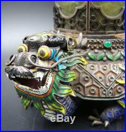 Antique Chinese Dragon Tobacco Box with Ashtray Jeweled Jade Silver & Enamel