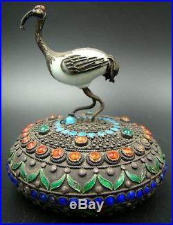 Antique Chinese Dragon Tobacco Box with Ashtray Jeweled Jade Silver & Enamel
