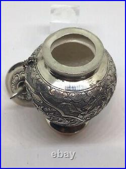 Antique Chinese Eastern Solid Silver Snuff Bottle Box Chased Winged Bird Snail