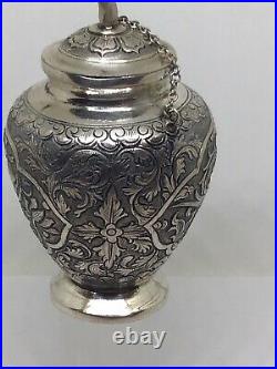 Antique Chinese Eastern Solid Silver Urn Lidded Pot Box Chased Winged Bird Snail