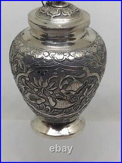 Antique Chinese Eastern Solid Silver Urn Lidded Pot Box Chased Winged Bird Snail