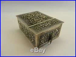 Antique Chinese Embossed Silver White Metal Miniature Make Up Box. Signed