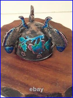 Antique Chinese Enamel Export Silver Egg Box with Fish