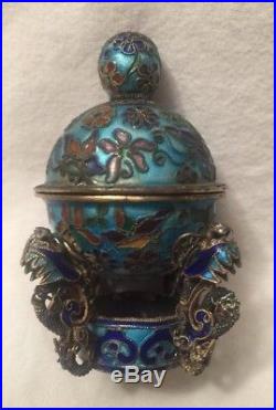 Antique Chinese Enamel Filigree Silver Urn Censer Box Gilt Wash Wirework Dragon