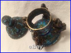 Antique Chinese Enamel Filigree Silver Urn Censer Box Gilt Wash Wirework Dragon