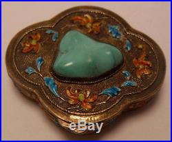 Antique Chinese Enamel Sterling Silver Snuff Box Persian Turquoise Flowers OLD