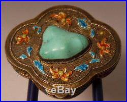 Antique Chinese Enamel Sterling Silver Snuff Box Persian Turquoise Flowers OLD