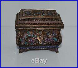 Antique Chinese Enameled Silver Filagree Box Casket Bats Deer Shou Characters