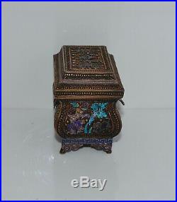 Antique Chinese Enameled Silver Filagree Box Casket Bats Deer Shou Characters