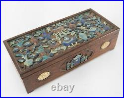 Antique Chinese Enameled Silver Metal Teak Rosewood Box Scholar's Objects
