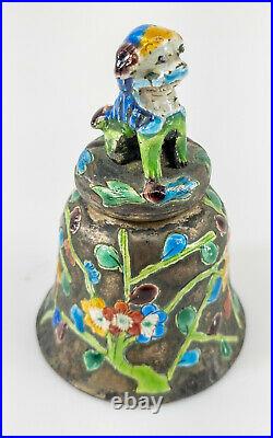 Antique Chinese Enameled Silver Plate Bell Foo Dog Finial