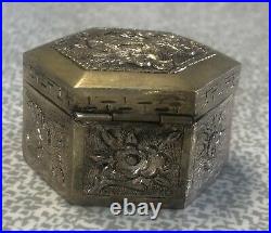 Antique Chinese Export Box Repoussé Sterling Dragon Silver Pill Box Hexagonal