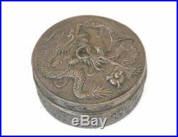 Antique Chinese Export Box withRaised Dragon Silver Compact or Pill Box