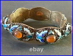 Antique Chinese Export Bracelet Silver Blue Enamel Cabochon 7 Panel Pre-1949