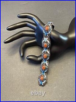 Antique Chinese Export Bracelet Silver Blue Enamel Cabochon 7 Panel Pre-1949