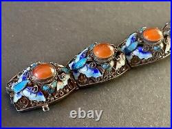 Antique Chinese Export Bracelet Silver Blue Enamel Cabochon 7 Panel Pre-1949