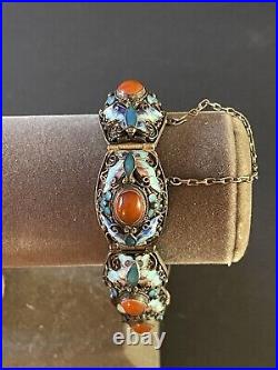 Antique Chinese Export Bracelet Silver Blue Enamel Cabochon 7 Panel Pre-1949