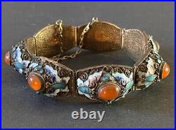 Antique Chinese Export Bracelet Silver Blue Enamel Cabochon 7 Panel Pre-1949